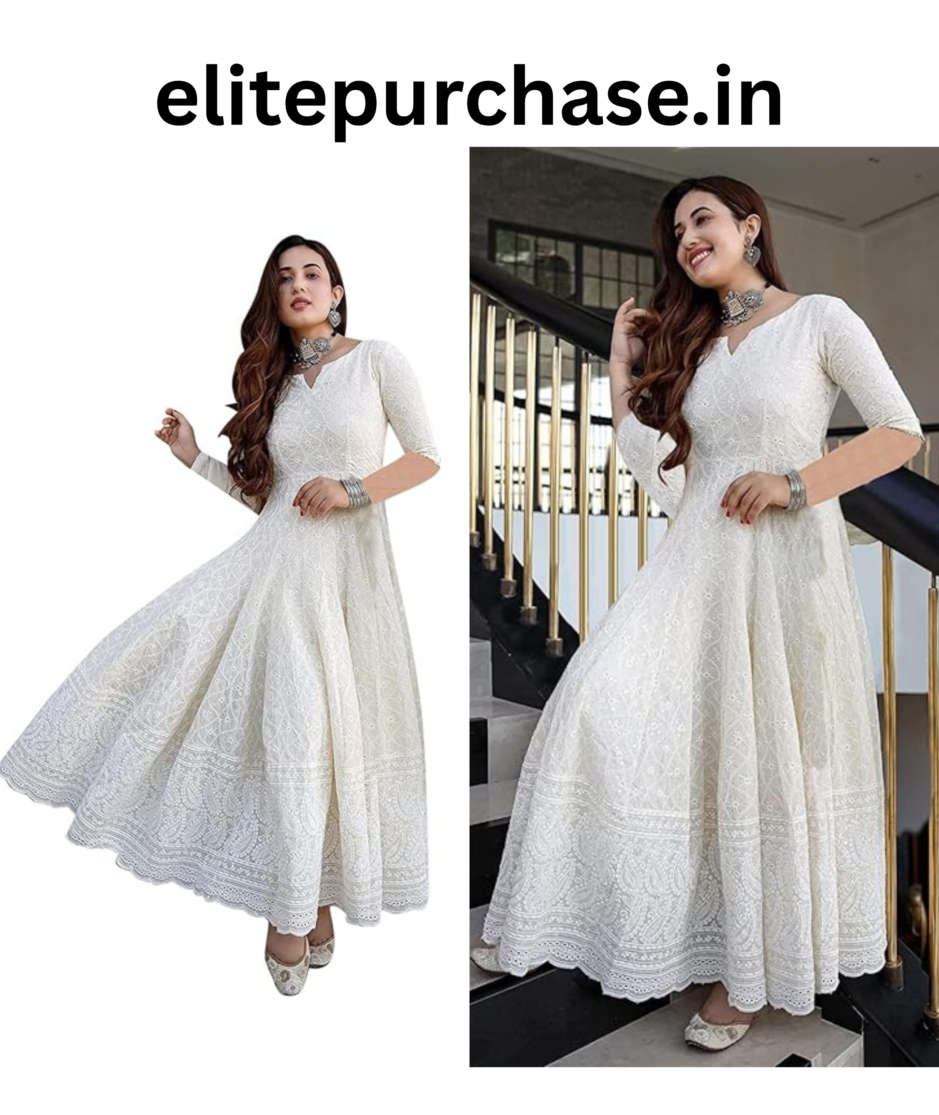 Image of LookMark Chikankari Anarkali Kurti Gown – Cotton Blend, Calf Length, Regular Fit