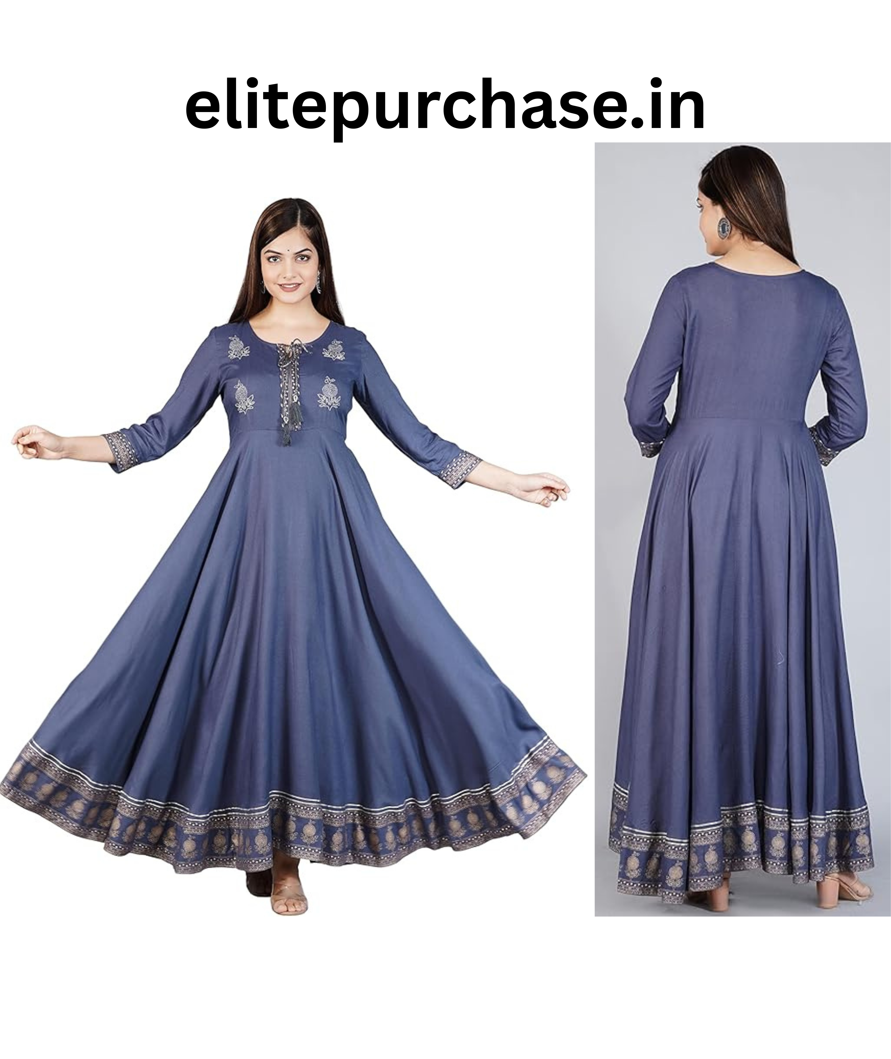 Image of Embroidered Rayon Anarkali Kurta – Flared Long Gown with Mandarin Collar