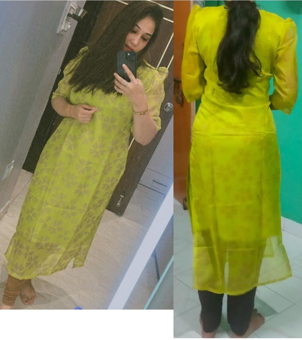 Image of Straight Green white color Kurti – Organza with Crepe Lining